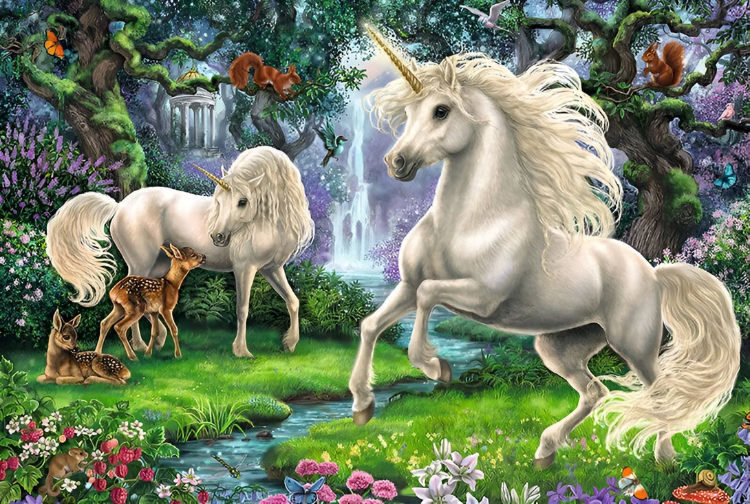 Image féérique mettant en scène des licornes blanches dans une forêt luxuriante avec des cerfs, des écureuils et une cascade. Couleurs vives et ambiance magique., 45501391634687 | Licorne Shop