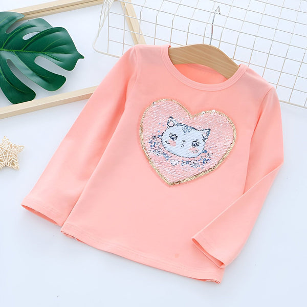 T-shirt rose à manches longues pour enfant avec motif de chat pailleté en forme de cœur sur un cintre., 45502314479871,45502314512639,45502314545407,45502314578175,45502314610943,45502314643711,45502314676479,45502314709247 | Licorne Shop