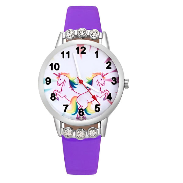 Montre pour enfants avec un bracelet violet et un cadran orné d'unicorne., 45501323837695 | Licorne Shop