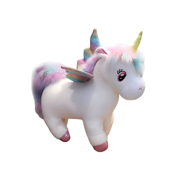 Peluche licorne blanche avec crinière et queue multicolores. Corn jaune et petites ailes arc-en-ciel., 45501420077311 | Licorne Shop