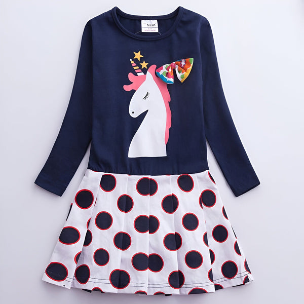 Robe enfant bleu marine à manches longues avec imprimé licorne et jupe plissée à pois. Vêtement mignon pour fille avec motif fantaisie., 45501379150079,45501379182847,45501379215615,45501379248383,45501379281151,45501379313919,45501379346687,45501379379455 | Licorne Shop