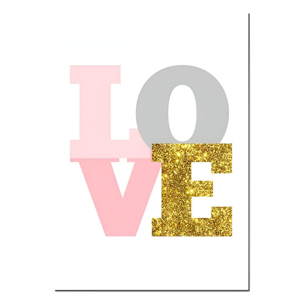 Image d'art décorative du mot "LOVE". L est rose clair, O est gris et VE sont dorés scintillants. Fond blanc., 45501131849983 | Licorne Shop