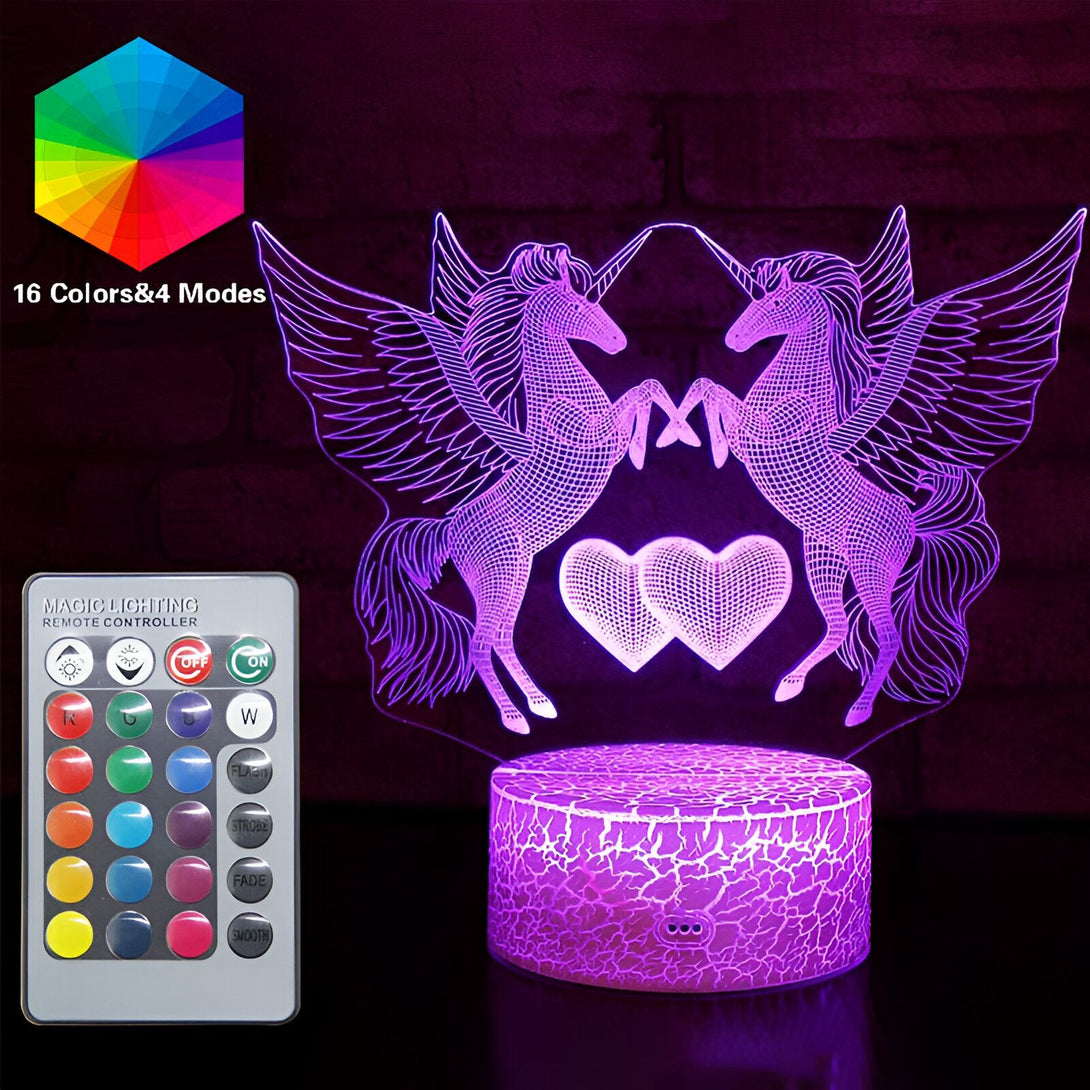 Lampe 3D LED avec deux licornes ailées et deux cœurs lumineux. Base illuminée en violet. Télécommande pour changer les 16 couleurs et 4 modes d'éclairage. Éclairage d'ambiance décoratif., 45501071655167 | Licorne Shop