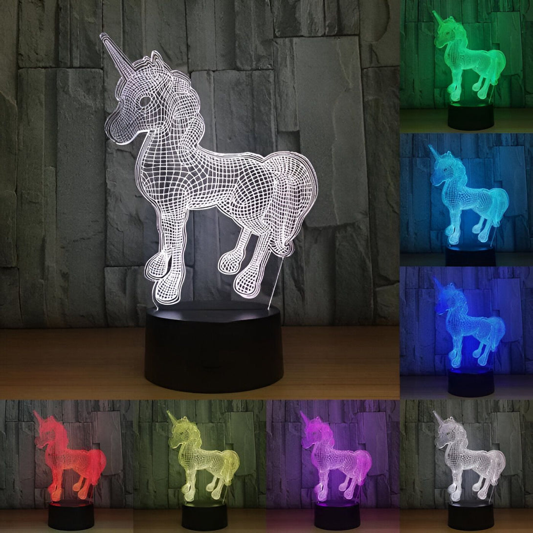 Une image d'une licorne 3D avec 7 couleurs différentes.