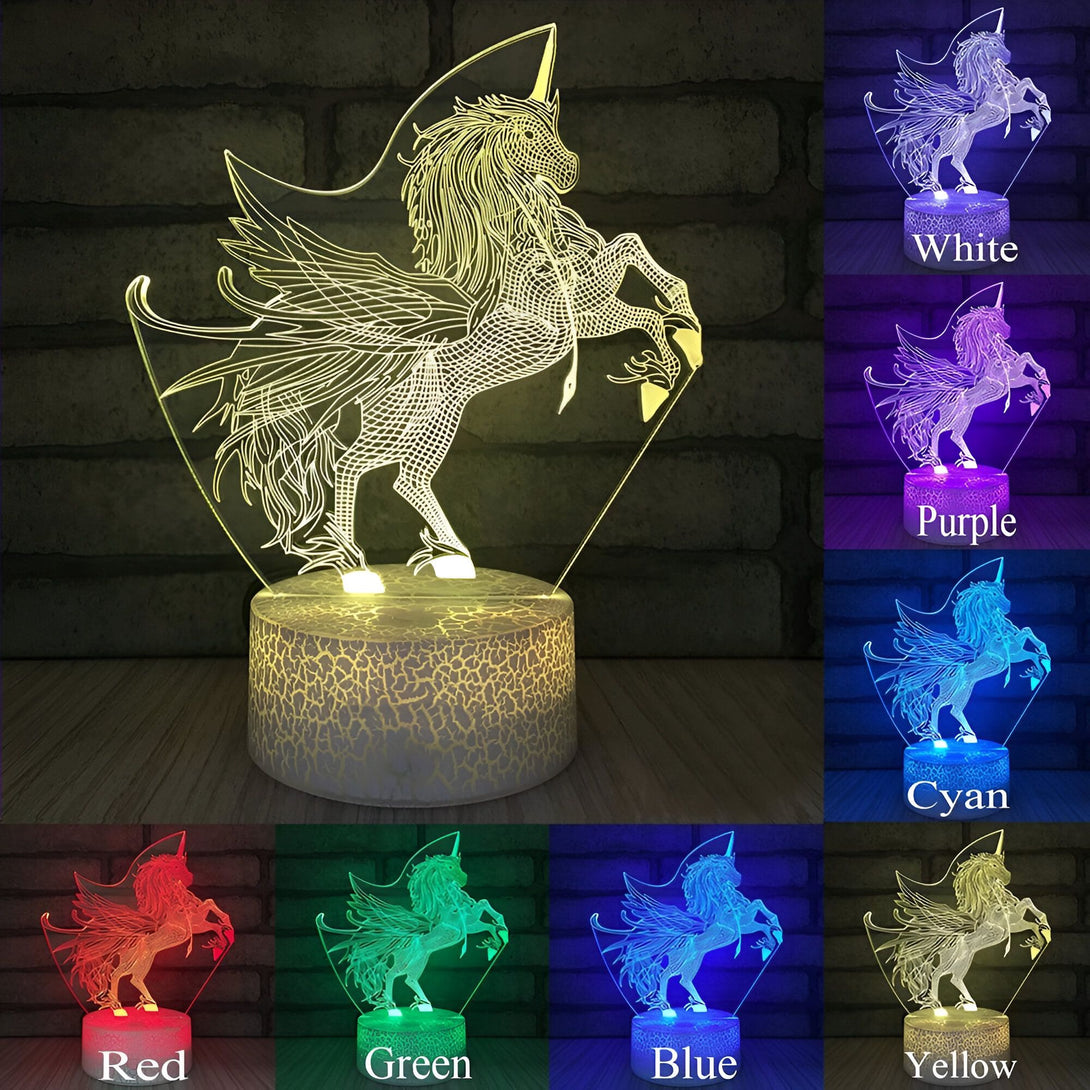 Lampe LED 3D en forme de licorne ailée, avec différentes options de couleur (blanc, violet, cyan, rouge, vert, bleu, jaune) sur une base cylindrique décorée. Éclairage d'ambiance décoratif et féérique., 45501070639359 | Licorne Shop