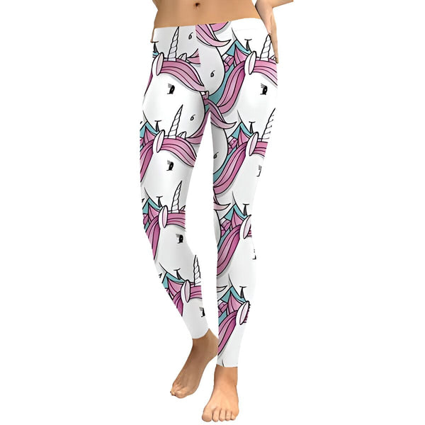 Legging blanc à motifs licornes roses et bleues, porté par une femme. Mode fantaisie pour adultes., 45501935354111,45501935386879,45501935419647,45501935452415,45501935485183,45501935517951,45501935550719,45501935583487 | Licorne Shop