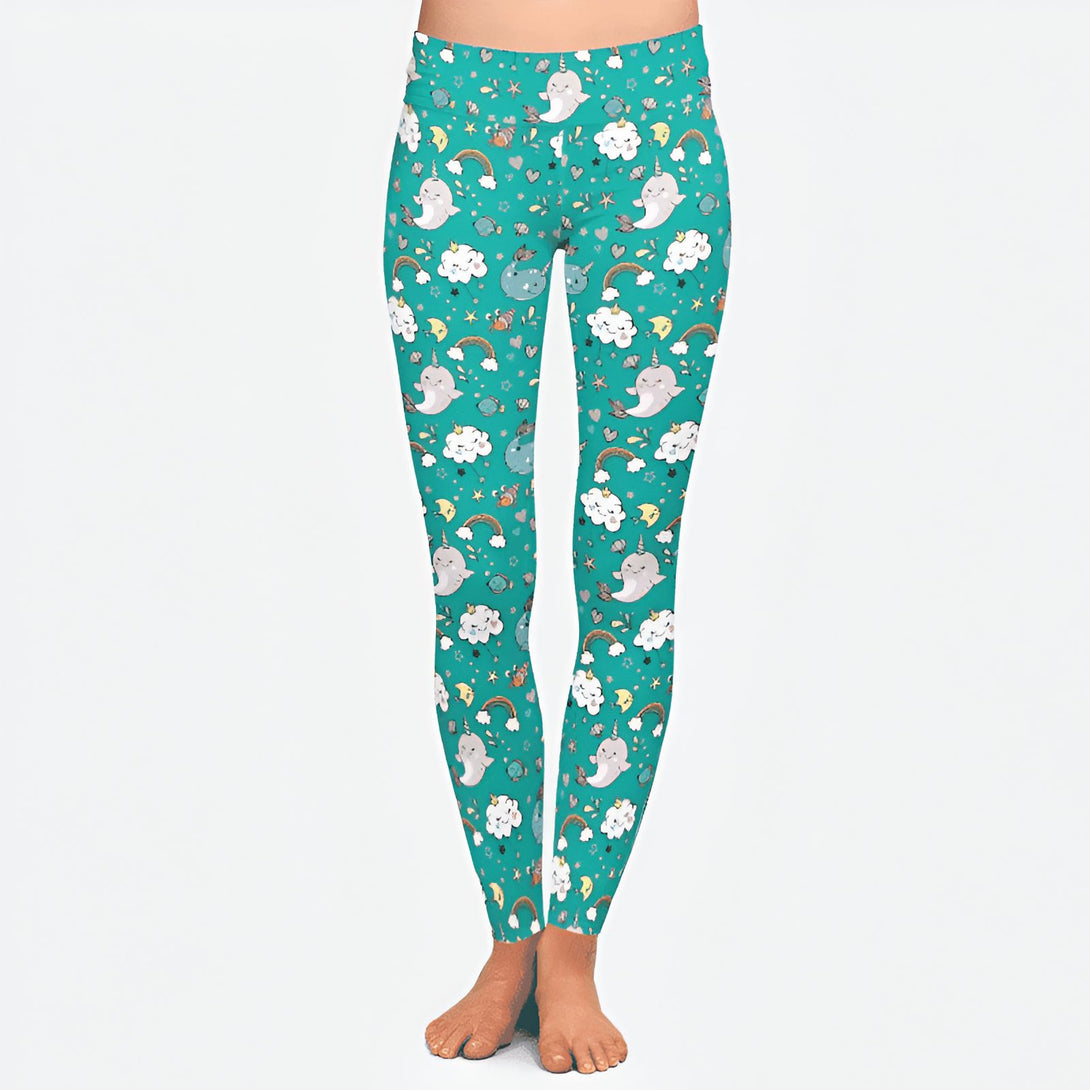 Legging turquoise avec un motif fantaisie de narvals, de nuages, d'arcs-en-ciel et d'étoiles. Vêtement de sport pour femme, idéal pour le yoga ou le fitness., 45501944201471,45501944234239,45501944267007,45501944299775,45501944332543,45501944365311,45501944398079,45501944430847 | Licorne Shop