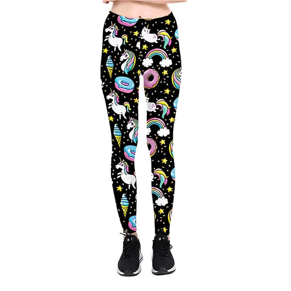 Leggings noirs à motifs fantaisie : licornes, arcs-en-ciel, donuts et glaces. Portés par une personne avec des baskets noires. Vêtement original et amusant., 45501935026431,45501935059199,45501935091967,45501935124735,45501935157503,45501935190271,45501935223039,45501935255807 | Licorne Shop