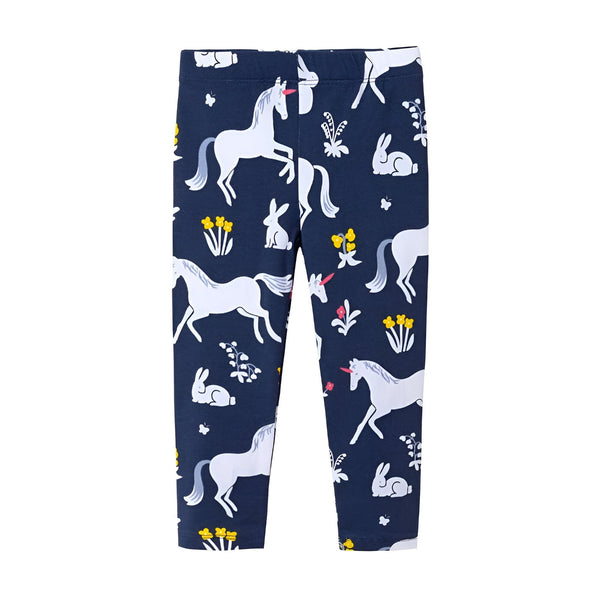 Leggings pour enfants bleu marine avec motifs d'licornes, de lapins et de fleurs blanches et jaunes. Vêtement confortable et ludique pour les petites filles. Idéal pour le printemps et l'été., 45501882892543,45501882925311,45501882958079,45501882990847,45501883023615,45501883089151,45501883121919,45501883154687 | Licorne Shop