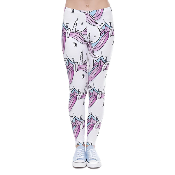 Legging blanc avec un motif de licornes roses et bleues. La personne porte des baskets bleues claires. Vêtement tendance et fantaisiste, idéal pour un look décontracté et amusant., 45502378967295,45502379000063,45502379032831,45502379065599,45502379098367,45502379131135,45502379163903,45502379196671 | Licorne Shop