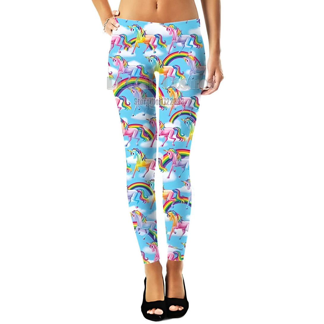 Image d'un legging bleu ciel à motifs d'licornes et d'arcs-en-ciel, porté par une femme en chaussures noires., 45501939319039,45501939351807,45501939384575,45501939417343,45501939450111,45501939482879,45501939515647,45501939548415 | Licorne Shop