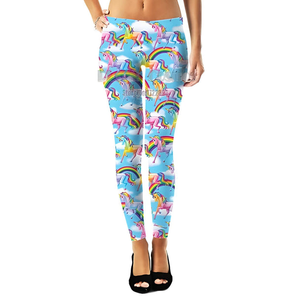 Image d'un legging bleu ciel à motifs d'licornes et d'arcs-en-ciel, porté par une femme en chaussures noires., 45501939319039,45501939351807,45501939384575,45501939417343,45501939450111,45501939482879,45501939515647,45501939548415 | Licorne Shop