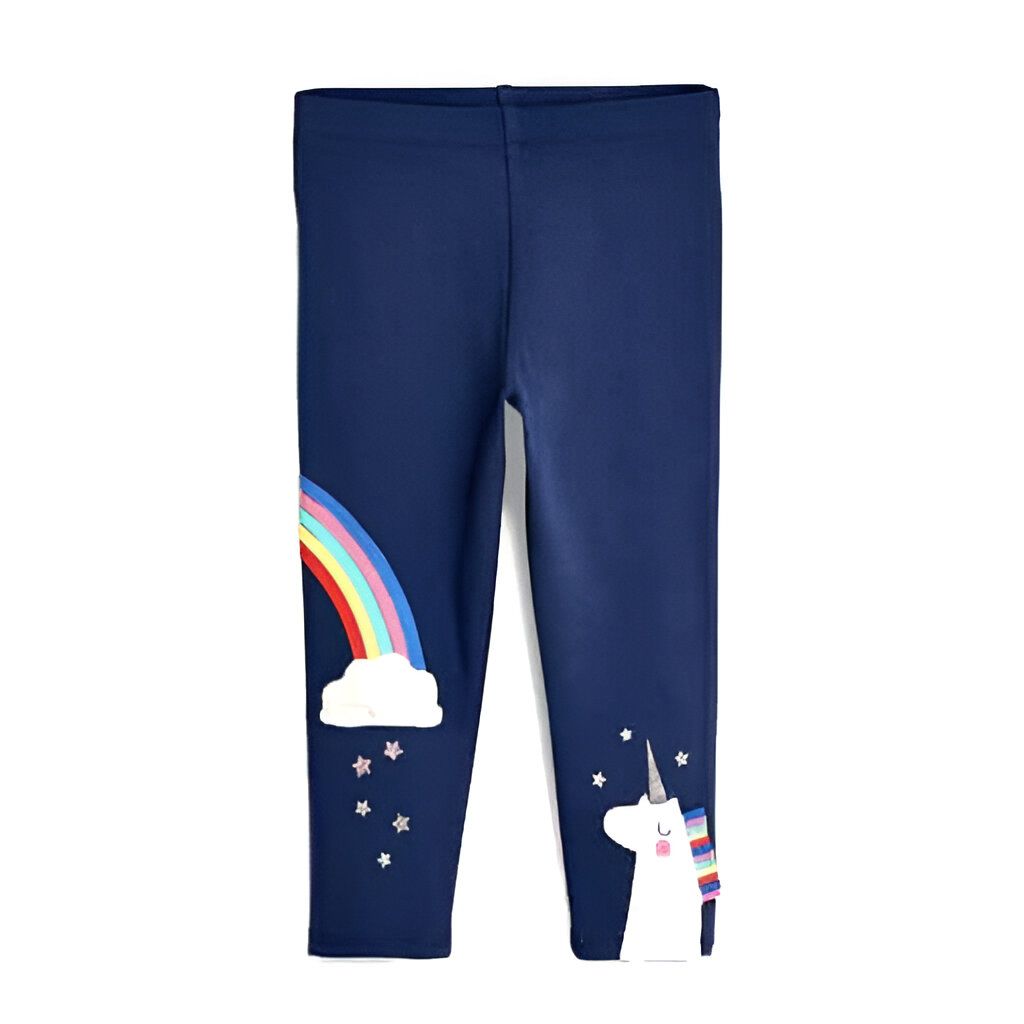 Legging bleu marine pour enfant avec motif arc-en-ciel et nuage sur une jambe, et motif licorne sur l'autre, parsemé d'étoiles. Idéal pour les petites filles qui aiment la fantaisie et le confort., 45502371692799,45502371725567,45502371758335,45502371791103,45502371823871,45502371856639,45502371889407,45502371922175 | Licorne Shop