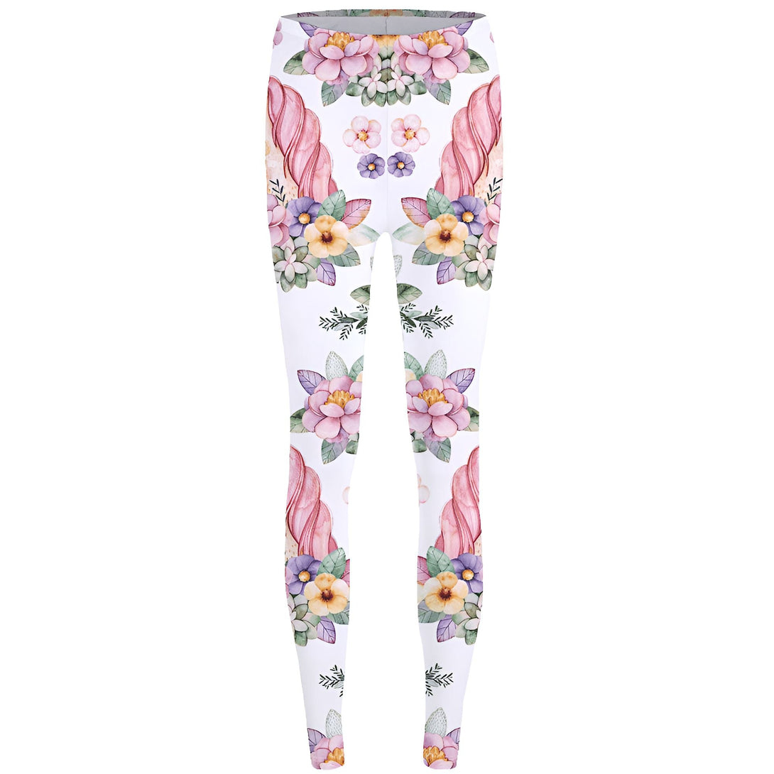 Leggings blancs à motif floral coloré, comprenant des fleurs roses, jaunes et violettes. Présence de feuilles vertes et de décorations abstraites. Style printanier et estival., 45502378705151,45502378737919,45502378770687,45502378803455,45502378836223,45502378868991,45502378901759,45502378934527 | Licorne Shop