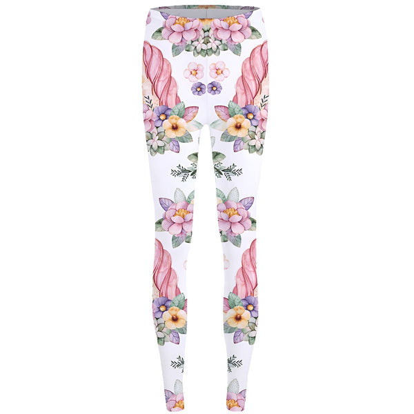 Leggings blancs à motif floral coloré, comprenant des fleurs roses, jaunes et violettes. Présence de feuilles vertes et de décorations abstraites. Style printanier et estival., 45502378705151,45502378737919,45502378770687,45502378803455,45502378836223,45502378868991,45502378901759,45502378934527 | Licorne Shop