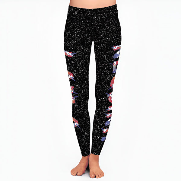 Legging de sport noir avec un motif abstrait blanc et des personnages de dessins animés sur les côtés., 45502380343551,45502380376319,45502380409087,45502380441855,45502380474623,45502380507391,45502380540159,45502380572927 | Licorne Shop