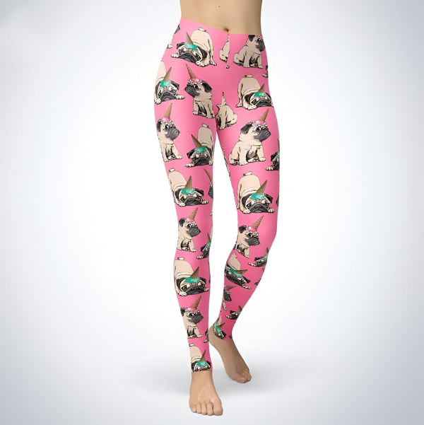 Legging rose avec motif de carlins portant des cornes de licorne. Vêtement amusant et tendance., 45501944627455,45501944660223,45501944692991,45501944725759,45501944758527,45501944791295,45501944824063,45501944856831 | Licorne Shop