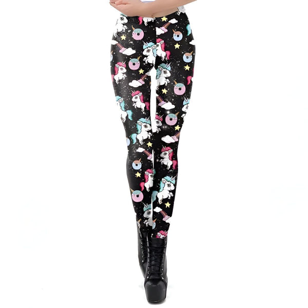 Legging noir imprimé licornes, beignets et étoiles, porté par une personne. Chaussures montantes noires à talons et lacets. Mode fantaisie et originale., 45501946560767,45501946593535,45501946626303,45501946659071,45501946691839,45501946724607,45501946757375,45501946790143 | Licorne Shop