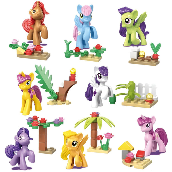 Neuf figurines de My Little Pony en plastique aux couleurs variées, chacune avec un décor fait de blocs de construction. Jouets pour enfants., 45501258465535 | Licorne Shop