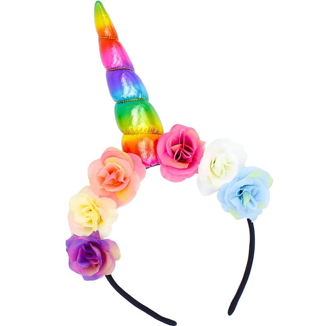 Serre-tête licorne avec corne arc-en-ciel et fleurs colorées, accessoire de mode festif et mignon. Déguisement fantaisie pour enfant., 45501334192383 | Licorne Shop