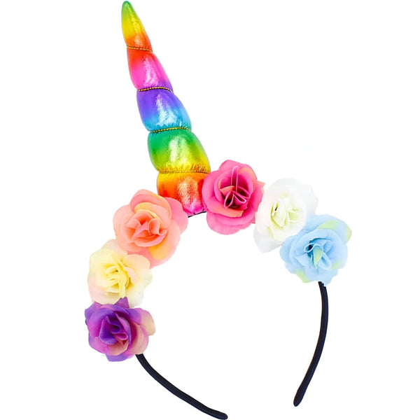 Serre-tête licorne avec corne arc-en-ciel et fleurs colorées, accessoire de mode festif et mignon. Déguisement fantaisie pour enfant., 45501334192383 | Licorne Shop