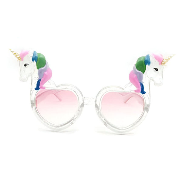Lunettes de soleil fantaisie en forme de cœur avec des licornes sur les côtés. Monture transparente pailletée et verres roses dégradés. Accessoire de mode original et ludique pour enfants ou adultes., 45502256283903 | Licorne Shop