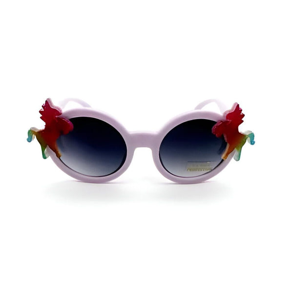 Lunettes de soleil rondes violettes pour enfants avec des décorations de licornes colorées. Accessoire de mode amusant et protecteur pour les journées ensoleillées., 45502255726847 | Licorne Shop