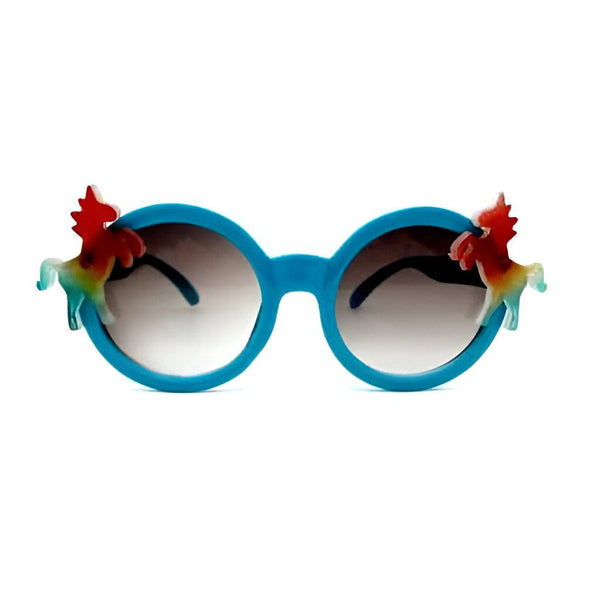 Lunettes de soleil rondes bleues pour enfants avec des chevaux ailés sur les côtés. Protection solaire et fantaisie pour les petits., 45502208835839 | Licorne Shop