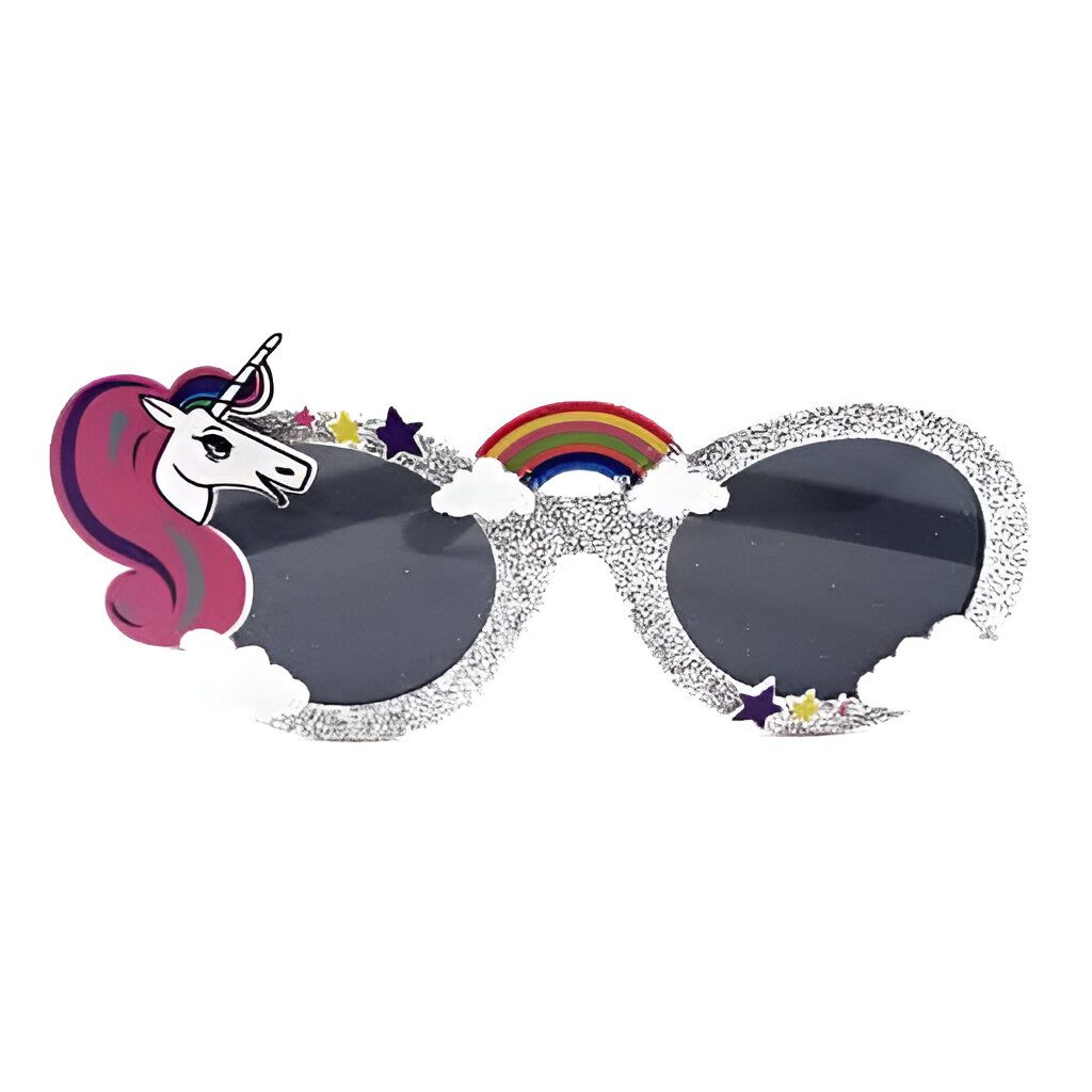 Lunettes de soleil fantaisie argentées avec décorations : licorne rose, arc-en-ciel, étoiles et nuages. Accessoire fun et original pour enfants., 45502255988991 | Licorne Shop