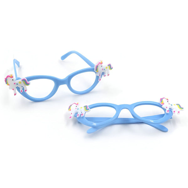 Deux paires de lunettes bleues pour enfants, décorées de petites figurines de licornes blanches à crinière arc-en-ciel, sur fond blanc. Accessoires de mode fantaisie., 45501419618559 | Licorne Shop