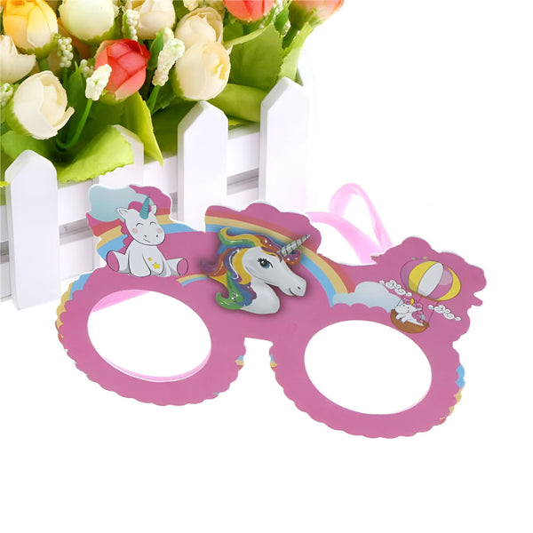 Lunettes de fête fantaisie roses avec décorations d'unicorne, arc-en-ciel et montgolfière, idéales pour les enfants. Arrière-plan avec fleurs et clôture blanche., 45502404821247 | Licorne Shop