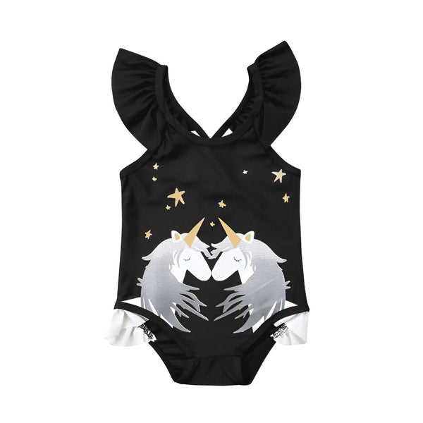 Maillot de bain noir pour bébé avec volants et motifs d'étoiles et de licornes argentées. Vêtement d'été mignon et tendance pour les tout-petits., 45501113368831 | Licorne Shop