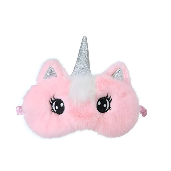 Masque de sommeil licorne rose en fourrure douce avec des yeux brodés et une corne argentée étincelante. Parfait pour une nuit reposante avec une touche de fantaisie., 45501056680191 | Licorne Shop