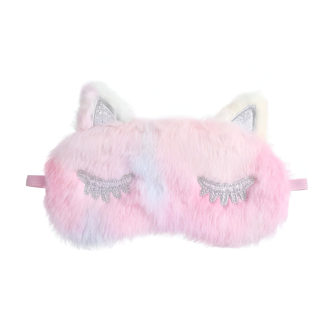Masque de sommeil en fausse fourrure rose et blanche avec des oreilles de chat scintillantes argentées et des cils brodés. Accessoire de nuit mignon et confortable pour un sommeil réparateur., 45501054025983 | Licorne Shop