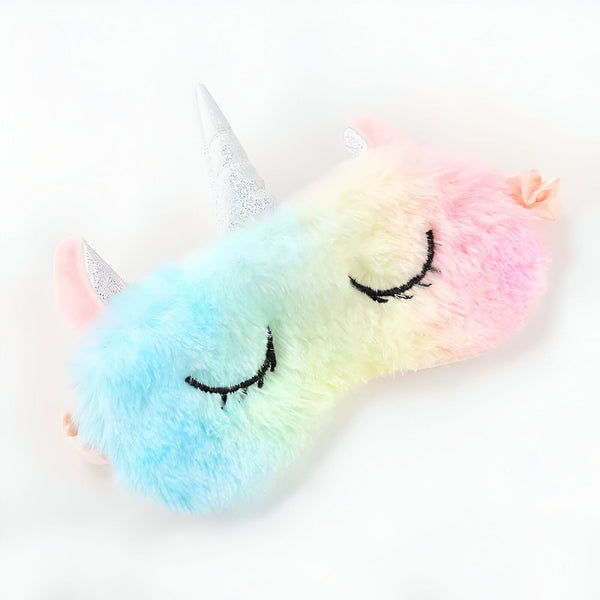 Masque de sommeil licorne coloré en peluche avec des cils noirs brodés et une corne argentée. Accessoire de nuit confortable pour un sommeil paisible et stylé., 45501053501695 | Licorne Shop