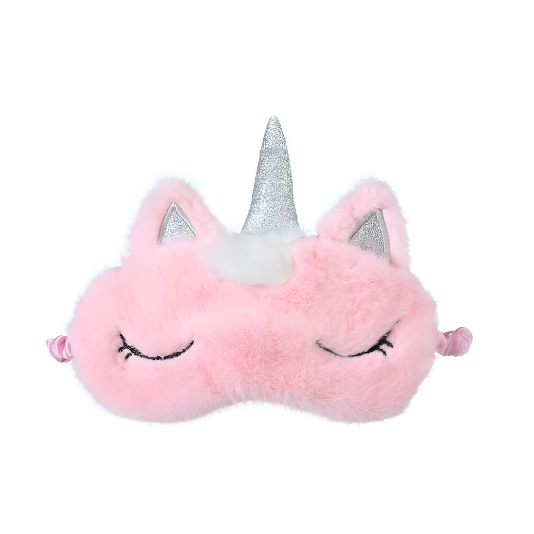 Masque de sommeil rose en forme de licorne avec corne argentée et cils brodés. Accessoire de nuit doux et confortable pour un sommeil réparateur. Idéal pour les filles et les fans de licornes., 45501053763839 | Licorne Shop