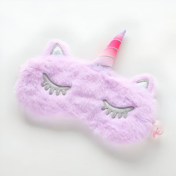 Masque de sommeil licorne en peluche violette. Idéal pour un sommeil confortable et paisible, ce masque doux bloque la lumière et ajoute une touche de fantaisie à votre routine de nuit., 45501051470079 | Licorne Shop