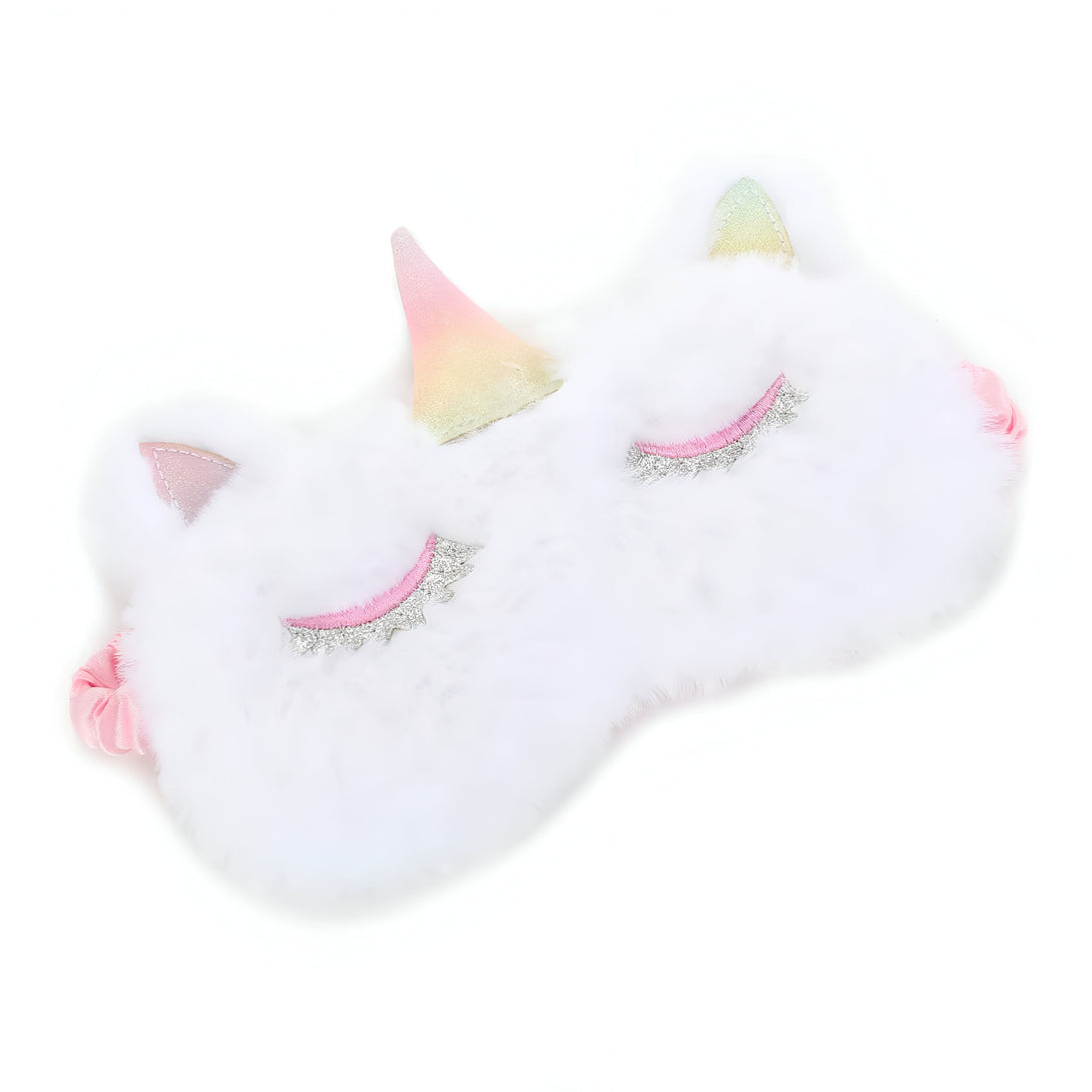 Masque de sommeil licorne blanc en peluche avec corne arc-en-ciel et détails scintillants argentés et roses. Accessoire de nuit confortable et mignon., 45501054222591 | Licorne Shop