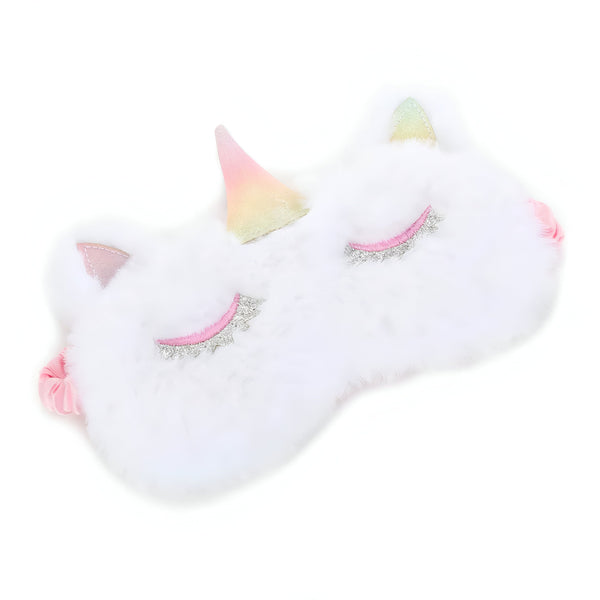 Masque de sommeil licorne blanc en peluche avec corne arc-en-ciel et détails scintillants argentés et roses. Accessoire de nuit confortable et mignon., 45501054222591 | Licorne Shop