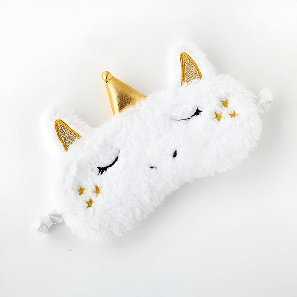 Masque de sommeil licorne blanc et doré en peluche douce. Idéal pour un sommeil réparateur avec style. Accessoire de nuit fantaisie et confortable., 45501054353663 | Licorne Shop