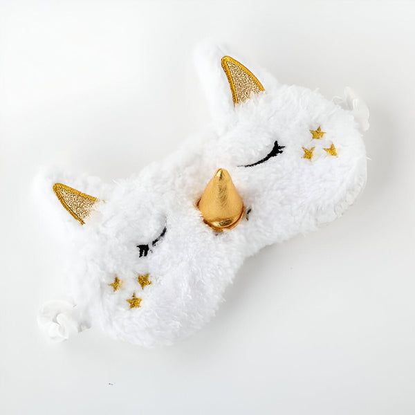 Masque de sommeil licorne blanc en peluche avec détails dorés (corne, oreilles, étoiles). Accessoire de nuit confortable et fantaisiste., 45501054320895 | Licorne Shop