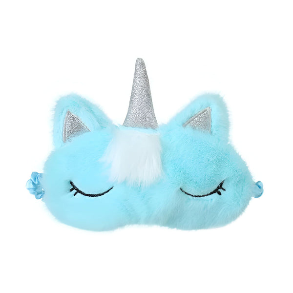Masque de sommeil en forme de licorne bleu pastel avec corne argentée et yeux brodés. Accessoire de nuit doux et confortable pour un sommeil réparateur. Idéal pour les enfants et les adultes., 45501056450815 | Licorne Shop