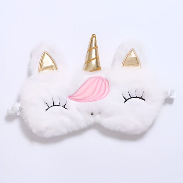 Masque de sommeil licorne en peluche blanche avec des oreilles dorées, une corne dorée et une joue rose, pour une nuit paisible et un look magique., 45501053174015 | Licorne Shop