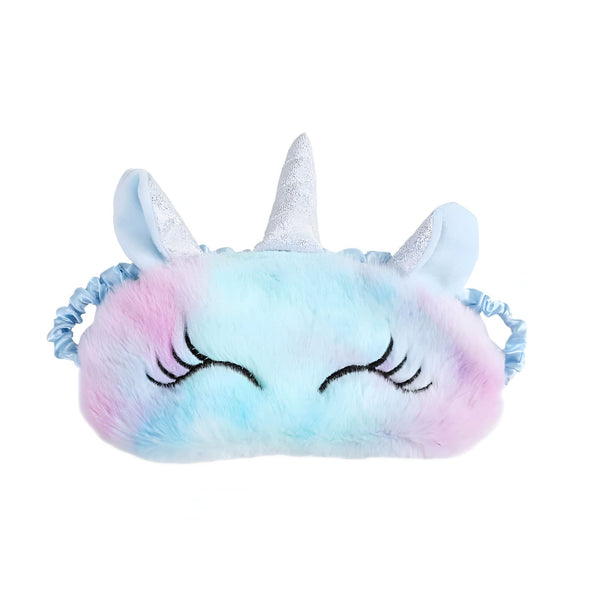 Masque de sommeil licorne en peluche aux couleurs pastel, avec une corne argentée étincelante et des oreilles bleues. Idéal pour une nuit de repos féerique et un look adorable., 45501053108479 | Licorne Shop