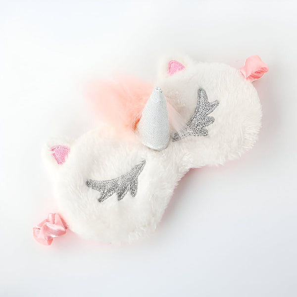 Masque de sommeil en forme de licorne blanche avec crinière rose et détails argentés. Accessoire confortable pour une nuit paisible. Idéal pour les amoureux des licornes et un sommeil réparateur., 45501052911871 | Licorne Shop