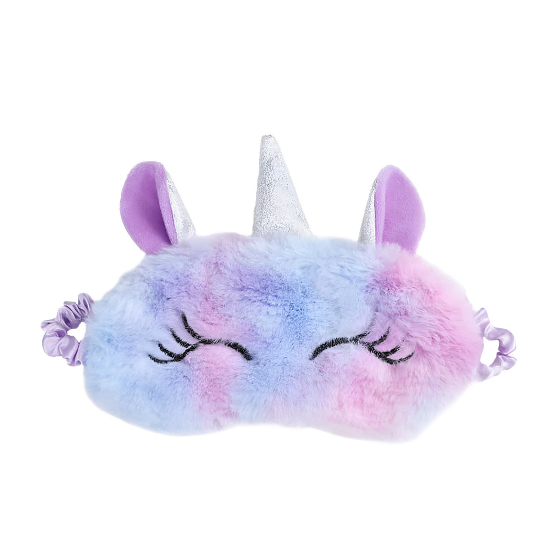 Masque de sommeil licorne en peluche aux couleurs pastel. Accessoire de nuit confortable avec corne argentée scintillante et élastique violet. Idéal pour un sommeil réparateur et magique., 45501050814719 | Licorne Shop