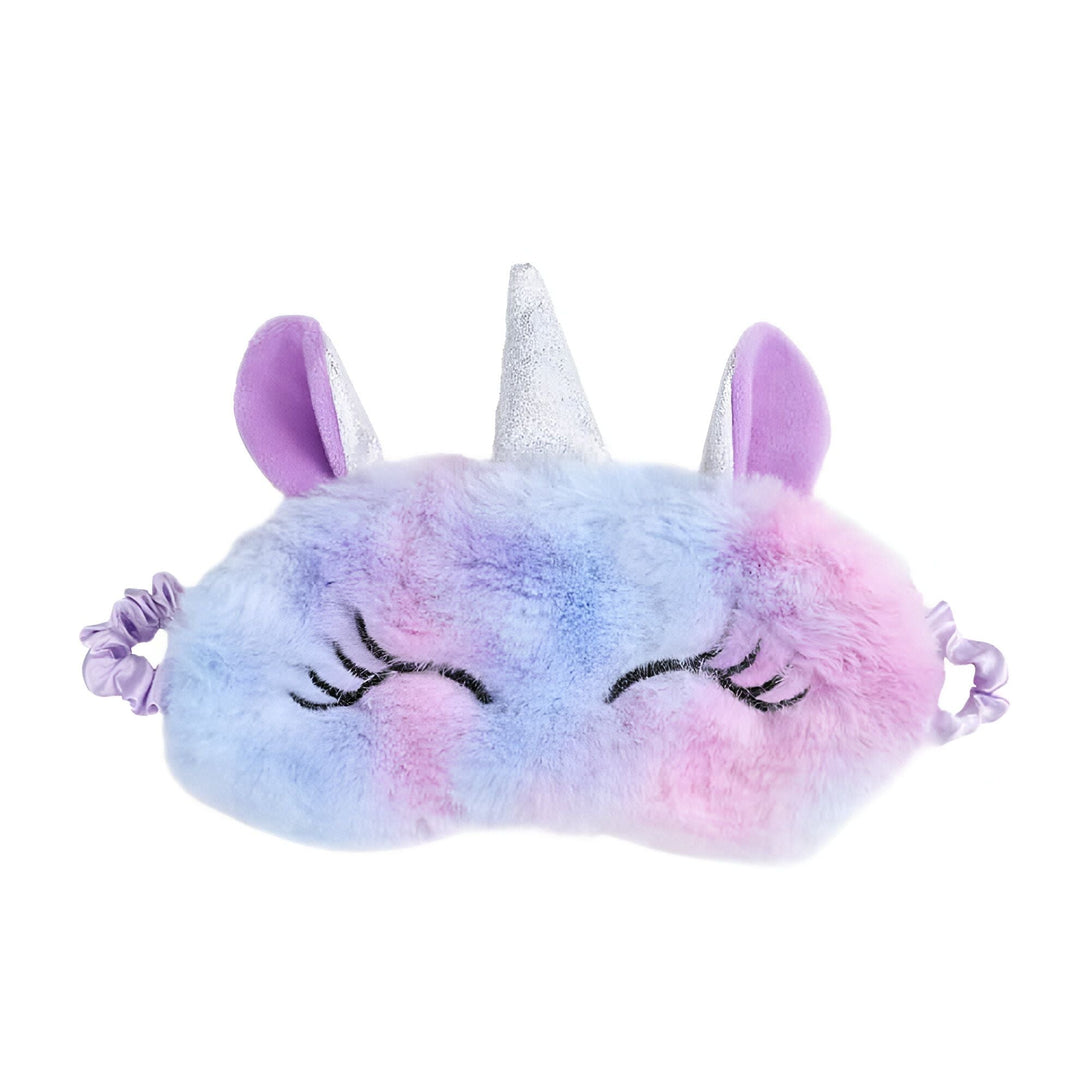 Masque de sommeil licorne en peluche rose, violet et bleu avec une corne argentée scintillante et des oreilles violettes. Parfait pour une nuit de sommeil reposante et amusante., 45501050880255 | Licorne Shop