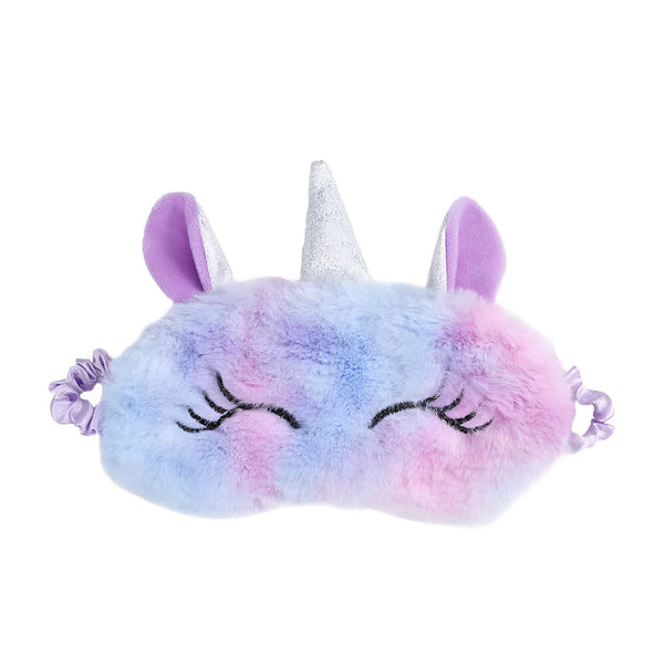 Masque de sommeil licorne en peluche rose, violet et bleu avec une corne argentée scintillante et des oreilles violettes. Parfait pour une nuit de sommeil reposante et amusante., 45501050880255 | Licorne Shop