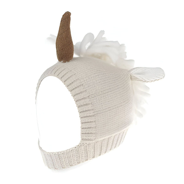 Image d'un bonnet d'hiver pour bébé, en tricot beige avec une corne marron, une crinière blanche et une queue. Accessoire mignon et chaleureux pour protéger les enfants du froid., 45502402068735 | Licorne Shop