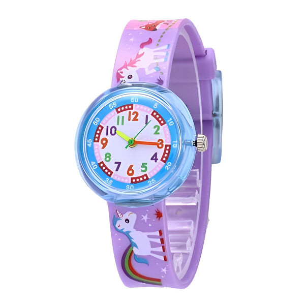Montre pour enfants violette avec motifs de licornes. Cadran d'apprentissage clair avec chiffres colorés. Accessoire éducatif et ludique pour les filles., 45501262561535 | Licorne Shop